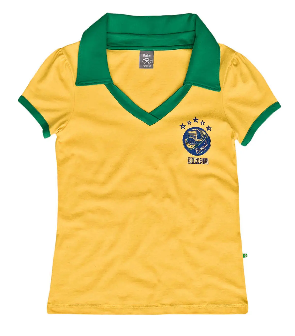 Camiseta polo verde e amarela do Brasil.
