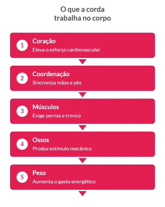 Esquema dos principais efeitos da corda sobre condicionamento, coordenação, músculos, ossos e gasto energético.
