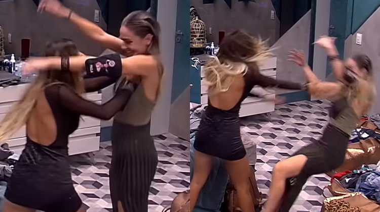 Montagem com duas fotos do empurrão de Hariany em Paula