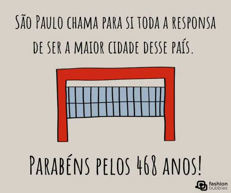 Cartão virtual de fundo bege com frase: São Paulo chama para si toda a responsa de ser a maior cidade desse país. Parabéns pelos 469 anos!