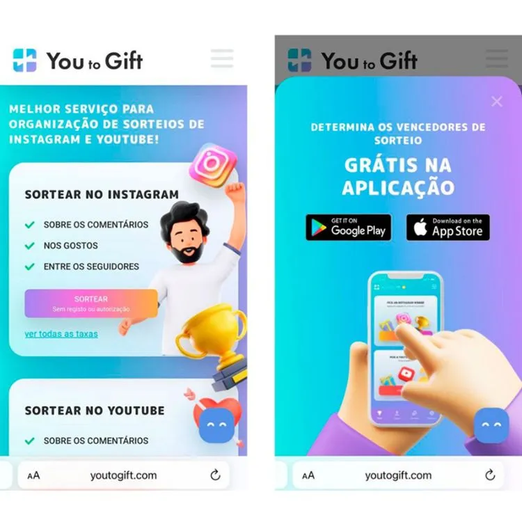 print da tela do YouToGift, ferramenta que faz sorteio no Instagram