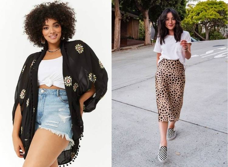 Montagem com duas fotos: uma de mulher de pele negra com blusa branca com nó, shorts jeans e camisa preta e outra de mulher de pele clara usando blusa branca e saia midi de onça