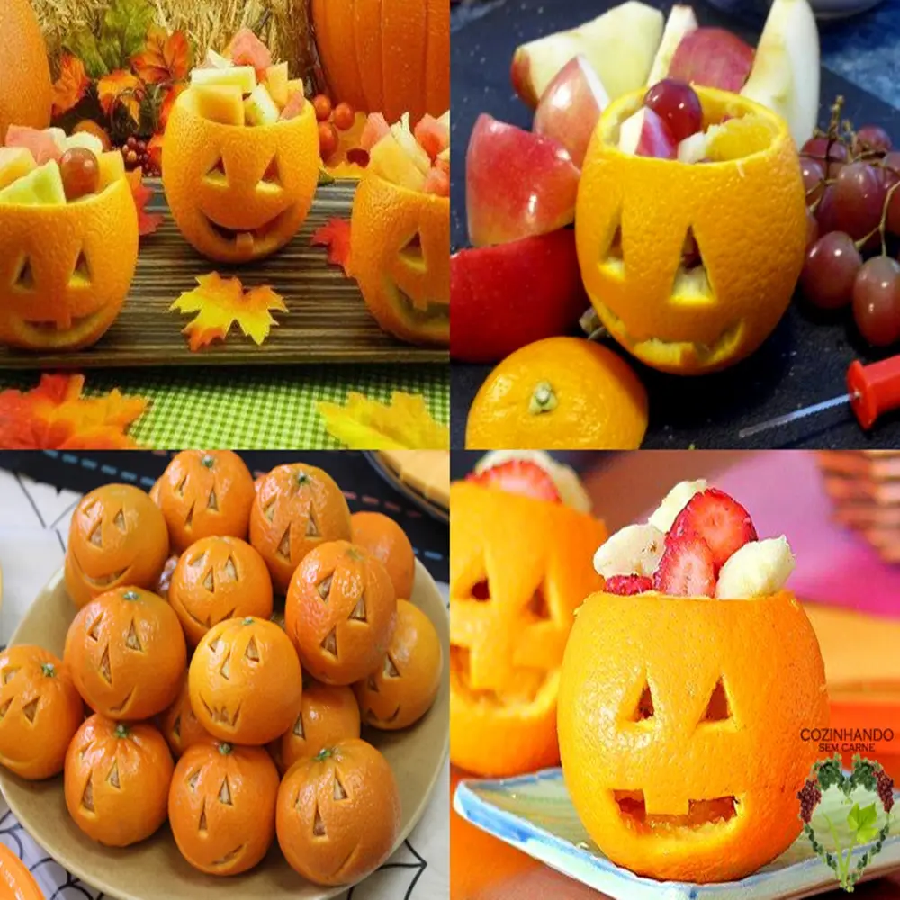 Frutas decoradas para Halloween em casa. Laranja decoradas como abóbora.
