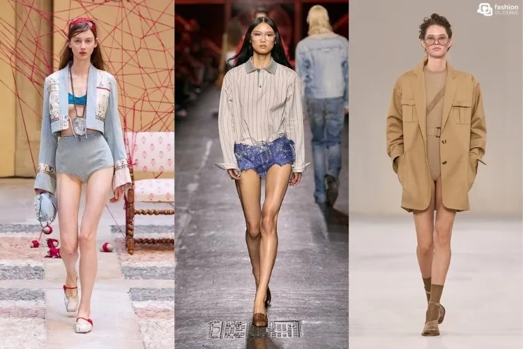 Modelos na passarela usando micro shorts, uma das tendências da Semana de Moda de Milão Primavera Verão 2027