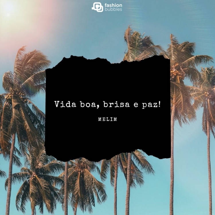 Foto de coqueiros com retângulo preto e frase: Vida boa, brisa e paz! (Melim)