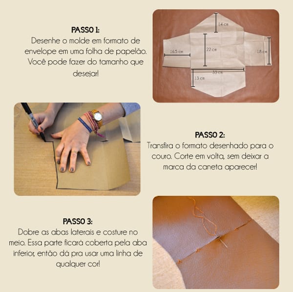 Montagem com 3 passo a passos de como fazer bolsa envelope de presente de dia das mães.