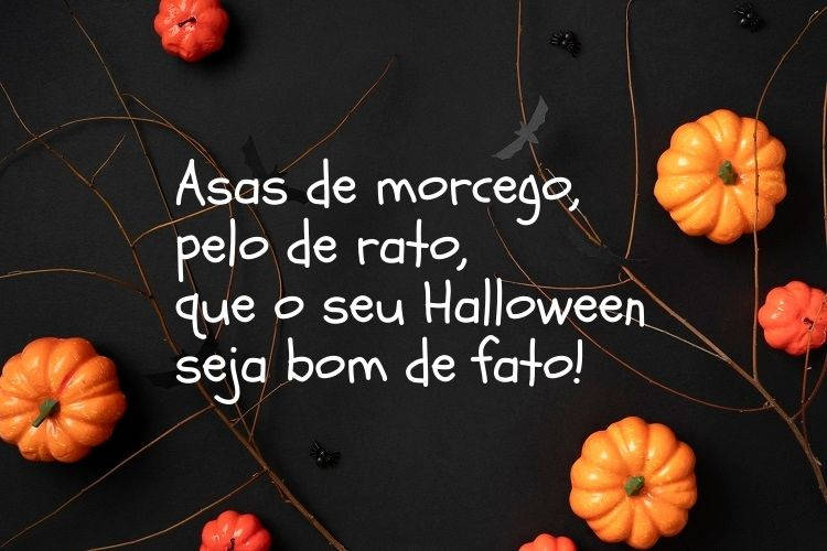 Foto de fundo preto com abóboras, galhos e aranhas, além de frase "Asas de morcego, pelo de rato, que o seu Halloween seja bom de fato!"