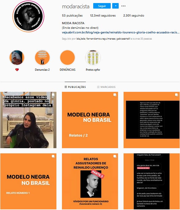 Foto do instagram Moda Rcista com denúncios contra Glária Coelho e Reinaldo Lourenço