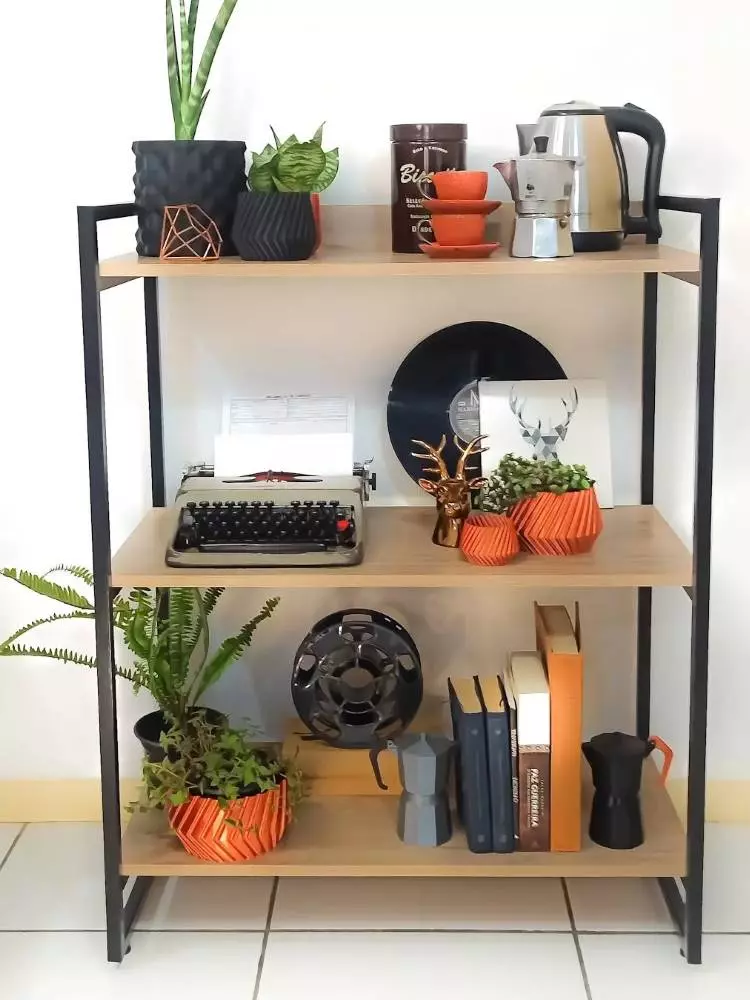 Estante de madeira e metal com máquina de escrever, disco de vinil, livros e diversos vasos de planta. 