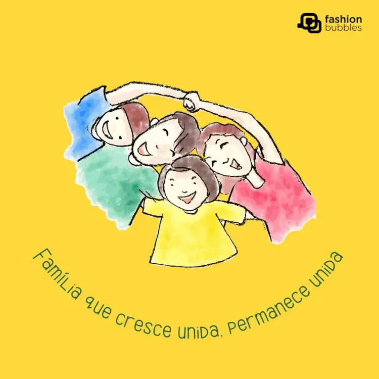Frase de família unida, sobre desenho de mãe, pai, filho e filha. Família unida