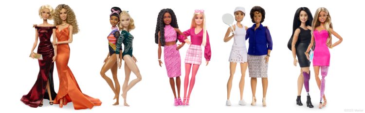 Oito bonecas Barbie, incluindo as Barbie brasileiras PCDs, representam mulheres diversas e inspiradoras. Vestidas elegantemente ou em trajes temáticos, destacam inclusão e diversidade. Com diferentes tons de pele, estilos e próteses, elas celebram empoderamento e histórias únicas sobre fundo branco.