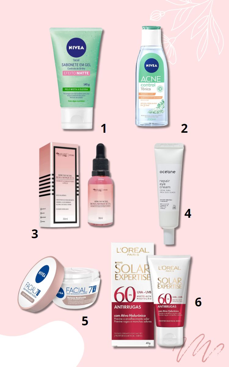 Montagem com 6 produtos de skincare disponíveis na Amazon