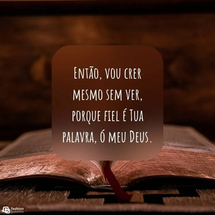 Imagem de uma bíblia aberta e ao centro há um bloco com a frase "Então, vou crer mesmo sem ver, porque fiel é Tua palavra, ó meu Deus".