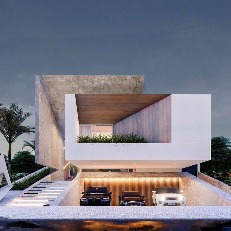 Casa quadrada com três carros na garagem.