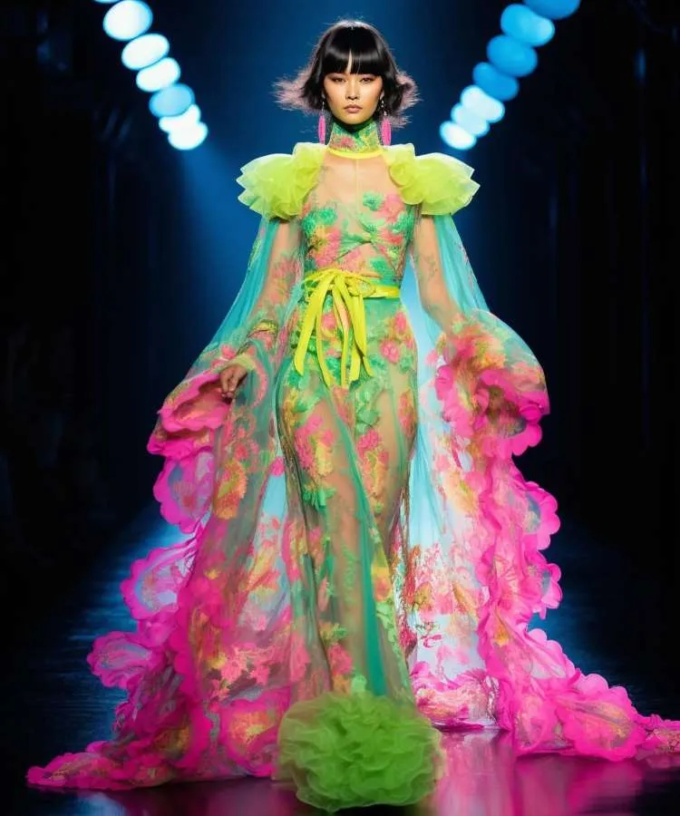 Um modelo com franja desfila na passarela em um vestido longo transparente e floral. O vestido apresenta flores vibrantes em rosa e amarelo sobre um fundo turquesa. Destacam-se as mangas compridas, um laço verde limão na cintura e folhos na barra.


Fontes
