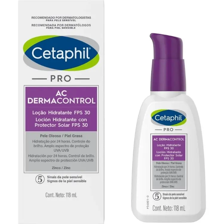Embalagem de papel e produto Loção Hidratante Pro AC Dermacontrol, Cetaphil
