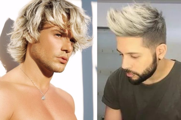 duas opções de cabelo platinado em degradê para homens
