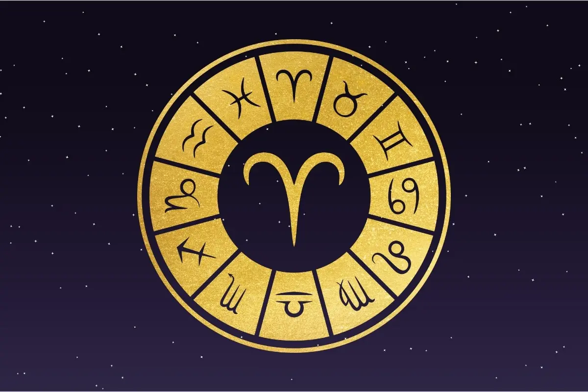 Fundo de céu estrelado com símbolo do signo de Áries, horóscopo do dia de hoje