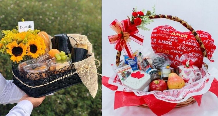 Montagem com duas fotos: uma de cesta preta com uva, guloseimas, canecas e girassol e outra em vermelho, com coração de pelúcia, frutas e doces