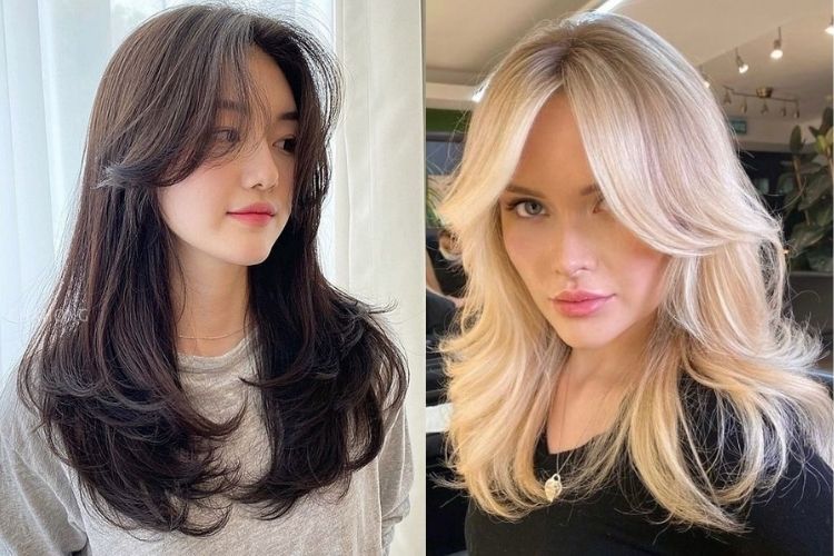 Duas fotos de mulheres de cabelo longo com curtain bangs cabelo liso