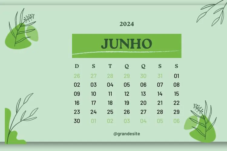 Calendário de junho de 2024 em tons de verde