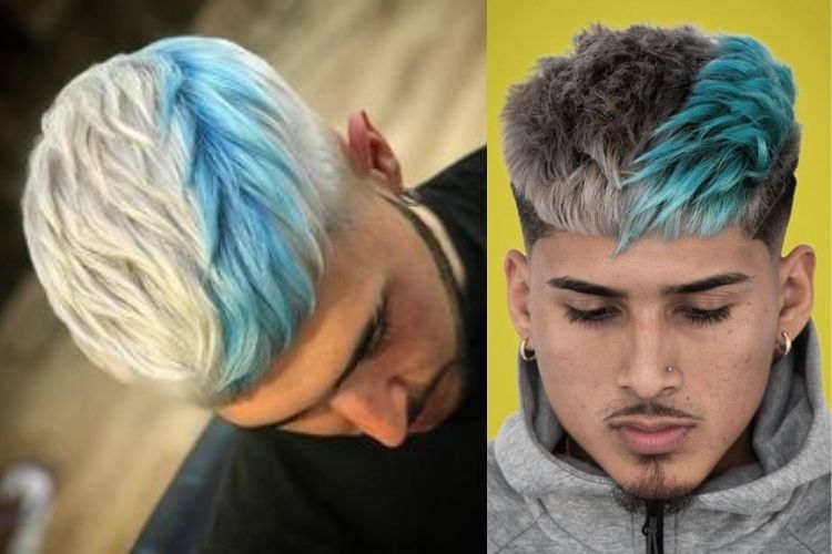 dois homens com cabelo loiro pivete com mecha colorida
