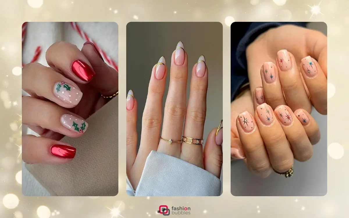 fundo de luzes douradas com foto de 3 unhas decoradas para fim de ano com temas de Natal e Ano Novo