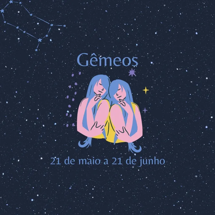 fundo estrelado com o símbolo e as datas do signo de Gêmeos