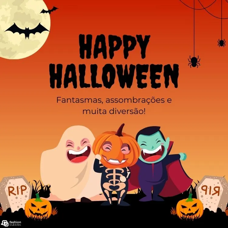 Cartão virtual de fundo laranja com desenhos de aranhas, morcegos, fantasmas, abóboras, lápides e frase "Fantasmas, assombrações e muita diversão!"