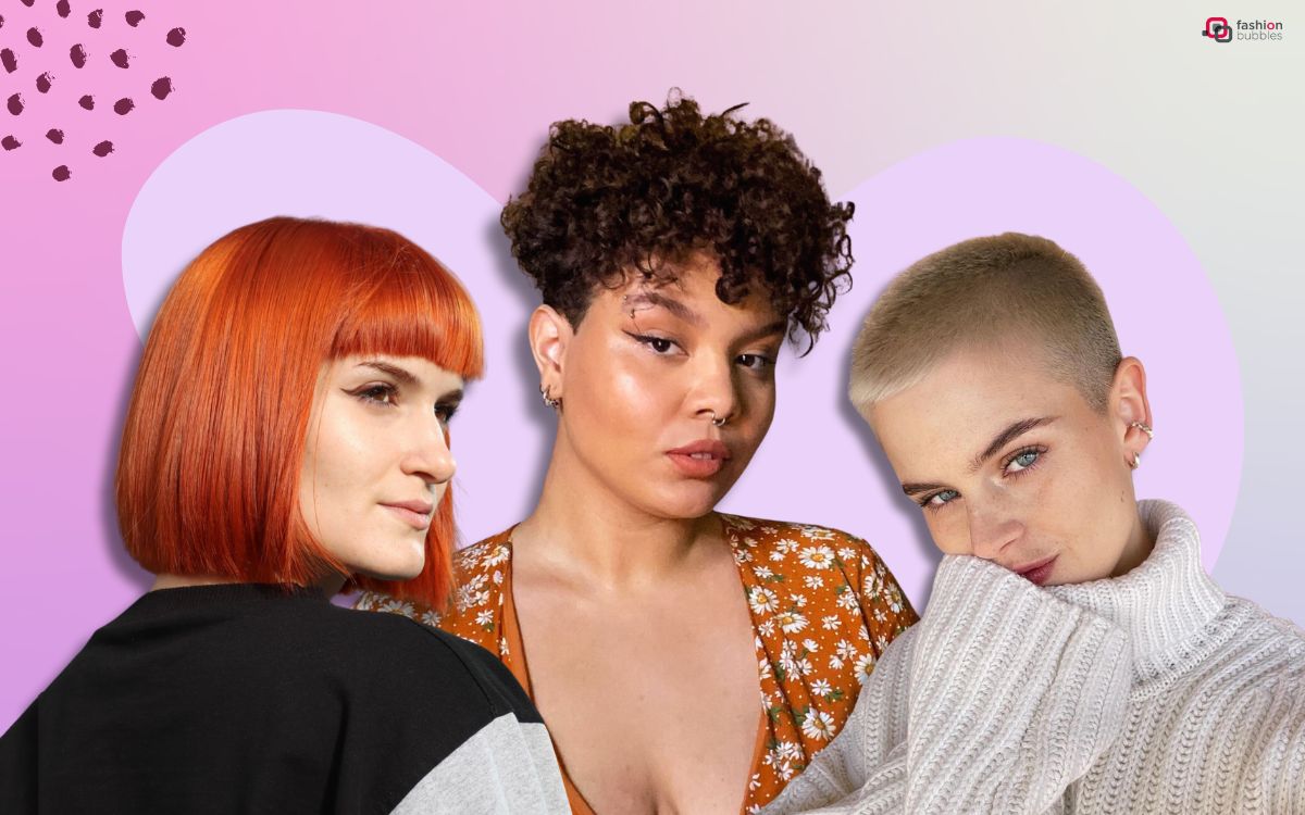 Montagem com 3 cortes de cabelo curto: curto com franja, pixie e buzz cut
