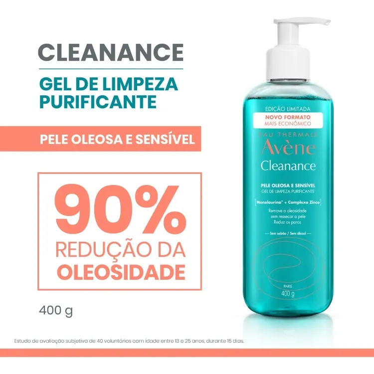 A imagem exibe o Cleanance Gel de Limpeza Purificante da Avène, um sabonete para pele sensível, indicado para pele oleosa. A embalagem turquesa destaca "Edição Limitada" e "400 g". Um grande número "90% REDUÇÃO DA OLEOSIDADE" enfatiza a eficácia do produto, com base em um estudo com voluntários.








