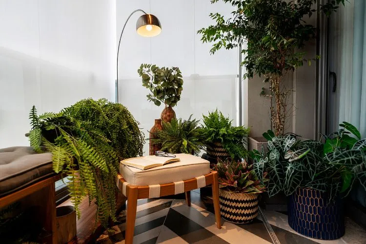 Cantinho com puff de madeira com almofada bege, piso bege e marrom, luminária curva de chão e diversos vasos de plantas