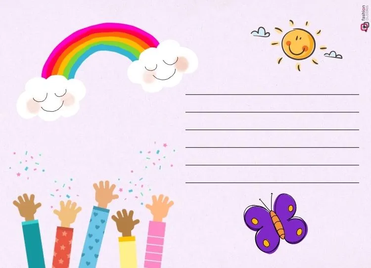 O cartão é alegre e colorido, ideal para o Dia das Crianças. No canto superior esquerdo, há um arco-íris vibrante com nuvens sorridentes. No canto superior direito, um sol sorridente brilha entre pequenas nuvens. Na parte inferior, várias mãos de diferentes tons de pele se estendem para o céu, cercadas por confetes coloridos. No canto inferior direito, uma borboleta roxa com detalhes em laranja e amarelo completa a cena. Linhas para escrita estão à direita.


