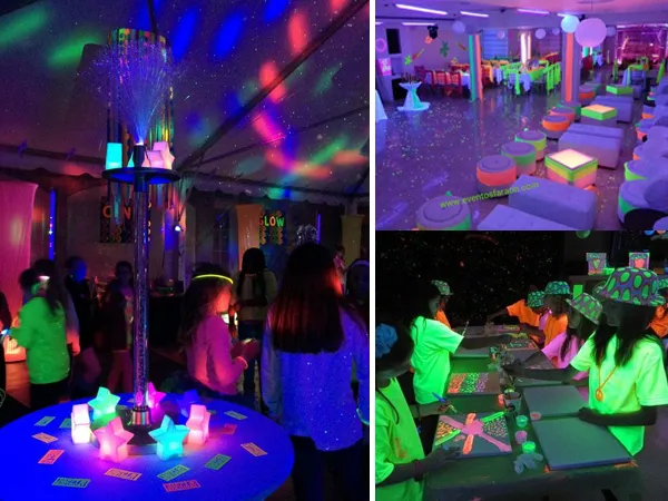 Foto de decoração neon para a criançada. 3 fotos de festas de dia das crianças neon, com luzes e balões. Em uma delas, crianças usando chapéus neon pintam quadros com tintas neon