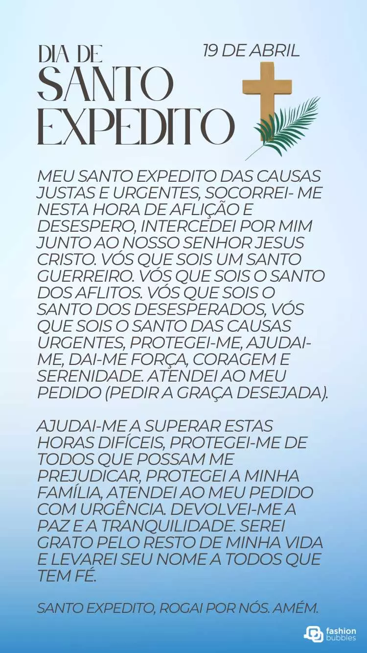 Oração a Santo Expedido em fundo azul com ilustração de um ramo com cruz de madeira