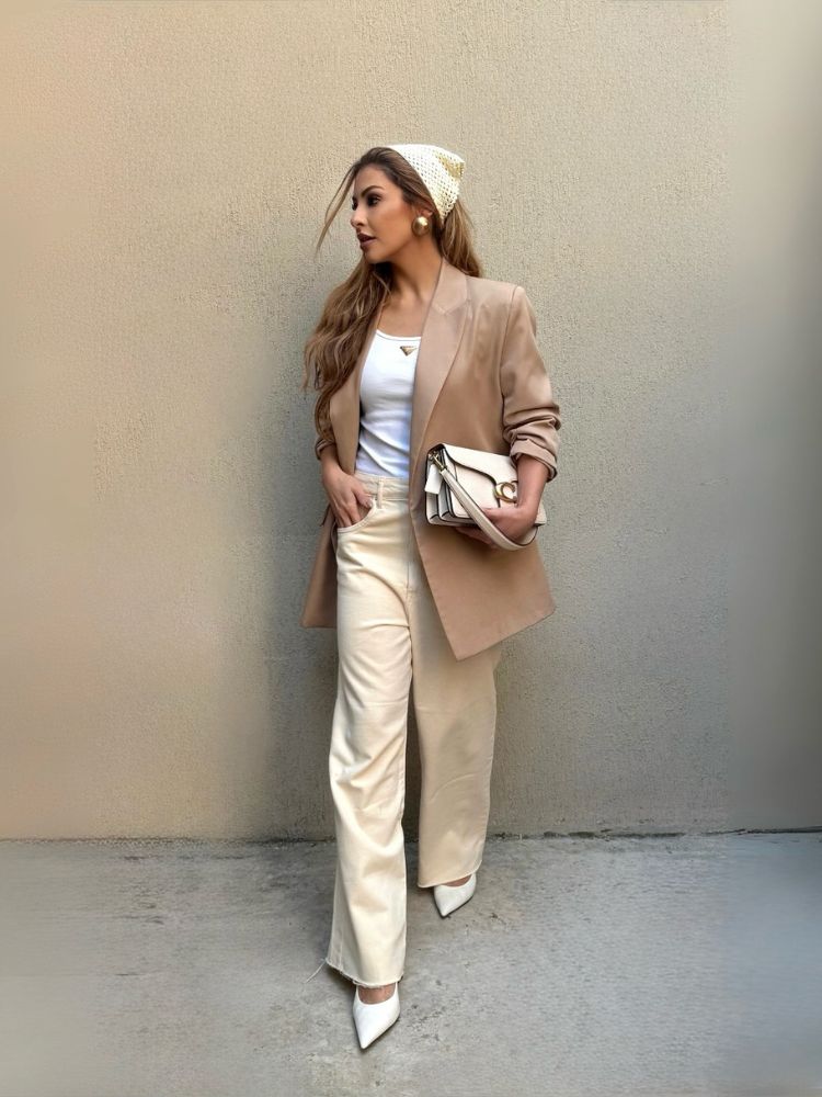 Mulher de pele clara usando regata branca, blazer bege, calça off-white, bandana de crochê e salto de bico fino