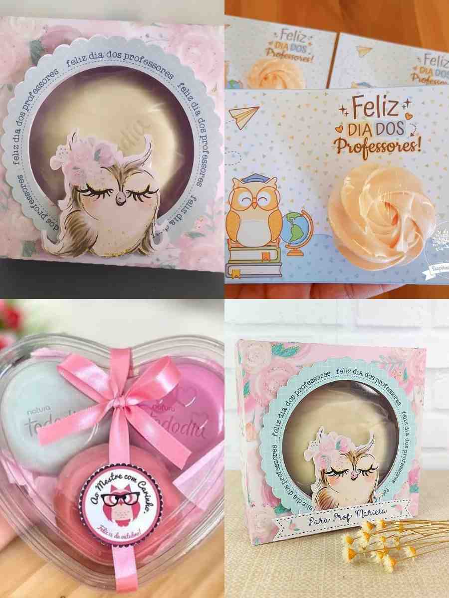 4 imagens em 1 montagem: sabonetes com embalagens personalizadas de Dia dos Professores.
