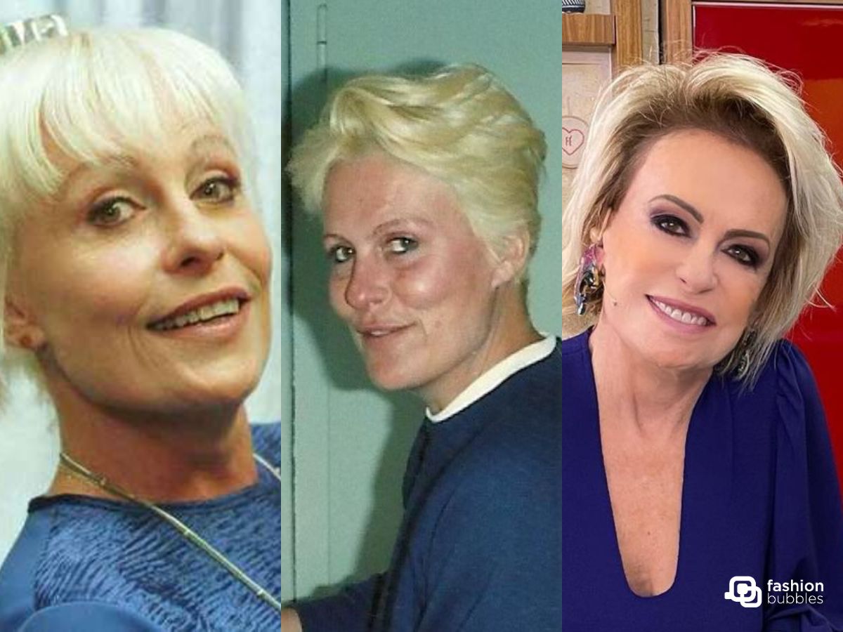 Montagem com 3 fotos de Ana Maria Braga ao longo de sua vida