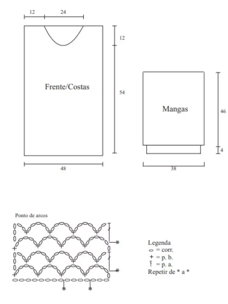 A imagem mostra um conjunto de desenhos técnicos para uma peça de vestuário, especificamente um suéter ou blusa. Há três componentes principais ilustrados: a peça da frente/costas, a peça da manga e um detalhe do padrão de pontos usado na construção da peça.

1. **Peça da Frente/Costas**:
   - É um retângulo com uma abertura arredondada para o pescoço na parte superior.
   - As dimensões são 48 cm de largura e 54 cm de altura.
   - A largura dos ombros é de 12 cm e a abertura do pescoço é de 24 cm.

2. **Peça da Manga**:
   - Também é um retângulo, com uma extremidade mais larga que a outra.
   - Tem 46 cm de comprimento, com larguras de 38 cm na extremidade mais larga e 14 cm na extremidade mais estreita.

3. **Diagrama do Padrão de Pontos**:
   - Mostra linhas de laços e correntes interconectados.
   - A legenda indica que círculos representam pontos de corrente ("corrente" - 'c'), pontos representam pontos baixíssimos ("ponto baixíssimo" - 'pbx'), sinais de mais representam pontos baixos ("ponto baixo" - 'pb'), asteriscos representam pontos altos ("ponto alto" - 'pa') e asteriscos duplos indicam pontos de arcos ("ponto de arcos").

Esta imagem é relevante para pessoas interessadas em confecção de roupas, especialmente aquelas que trabalham com padrões de tricô ou crochê. Ela fornece instruções claras sobre como construir uma peça de vestuário, juntamente com padrões detalhados de pontos para embelezamento.
