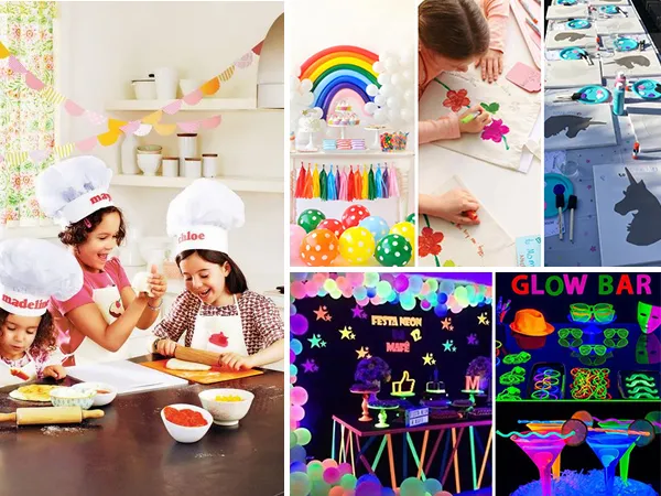 Montagem de crianças fazendo comida, desenhando, além de fotos de decoração e tema neon. Montagem com fotos de festas de dia das crianças, meninas brincando na cozinha, decorações e mais