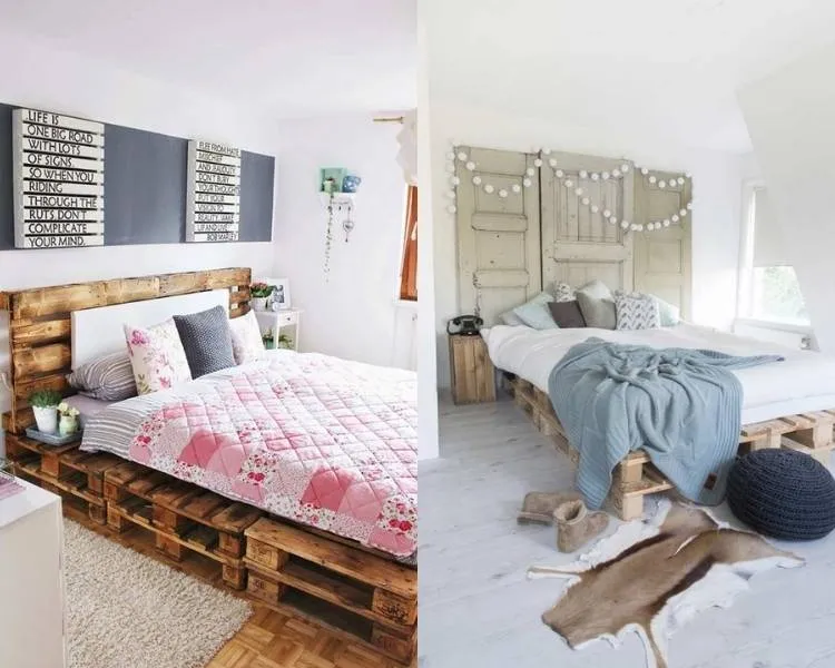 Upcycling: cama e cabeceira feitos de pallet e portas. Foto upcycling: pallets transformados em cama e portas em cabeceira.