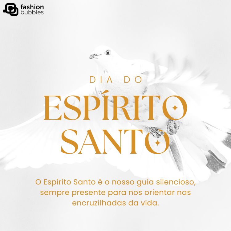 Cartão virtual de fundo branco com foto de pomba branca como representação do Espírito Santo e frases "Dia do Espírito Santo" e "O Espírito Santo é o nosso guia silencioso, sempre presente para nos orientar nas encruzilhadas da vida."