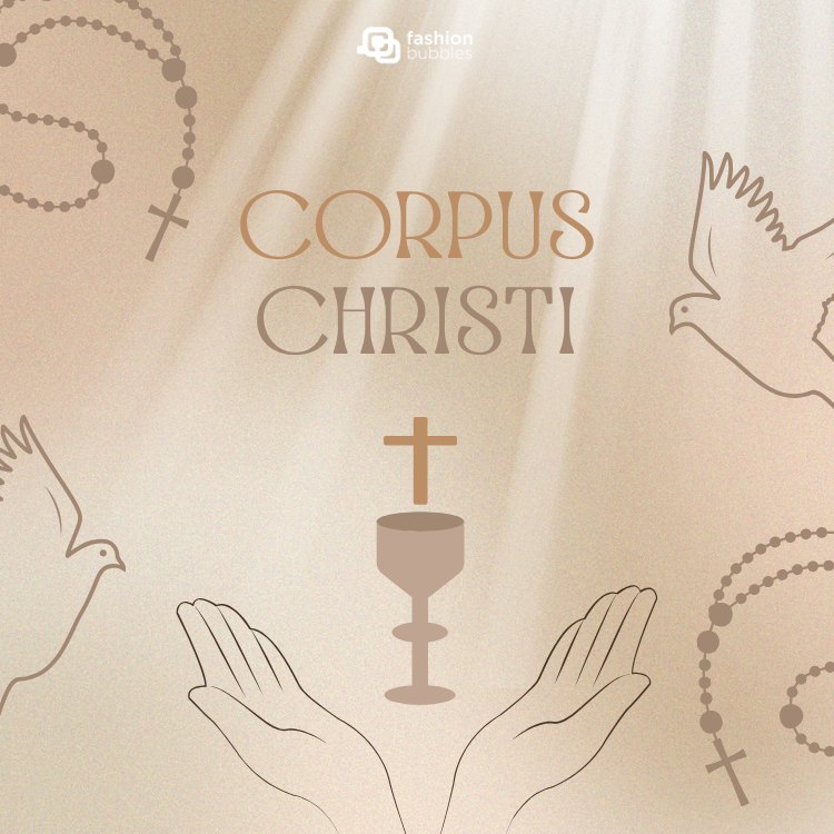 Card de fundo bege com terço, Espírito Santo, mãos e cálice