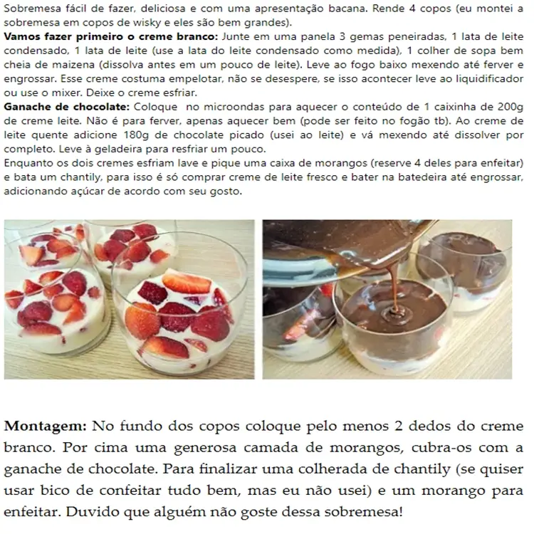Opções de sobremesa para o Dia dos Namorados: Morango ao Creme com Ganache de Chocolate.