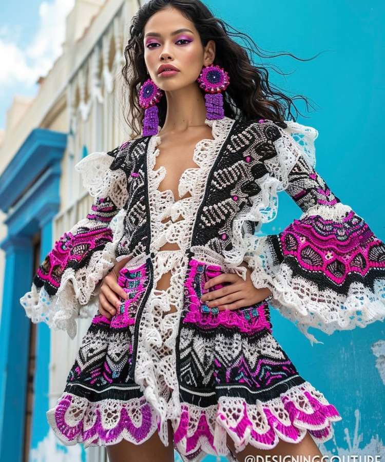 Uma modelo posa com um vestido de crochê branco, preto e rosa, com decote em V profundo e babados. O vestido apresenta mangas de sino e bolsos rosa. A modelo usa brincos roxos grandes, em frente a uma parede azul-turquesa.


Fontes
