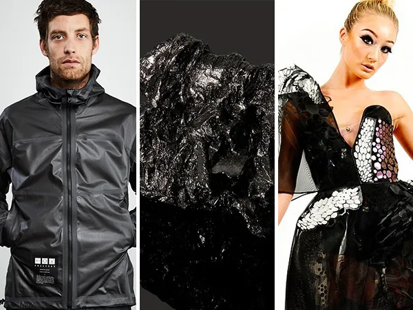 Três painéis verticais: um homem com jaqueta escura, um mineral preto e brilhante no centro, e uma mulher em um vestido preto e branco com detalhes prateados.