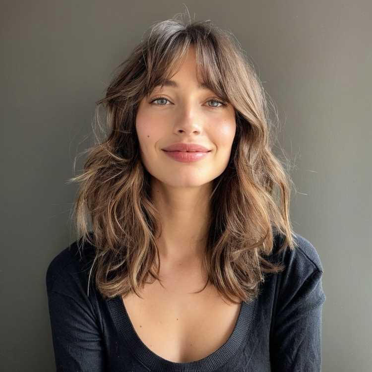 A imagem mostra uma pessoa com um corte de cabelo médio, repicado e em camadas. O cabelo tem um visual despojado e volumoso, com ondas suaves que adicionam movimento. A franja é longa e dividida ao meio, emoldurando o rosto de forma natural. Esse estilo é frequentemente chamado de "corte shaggy", conhecido por sua textura e leveza.


