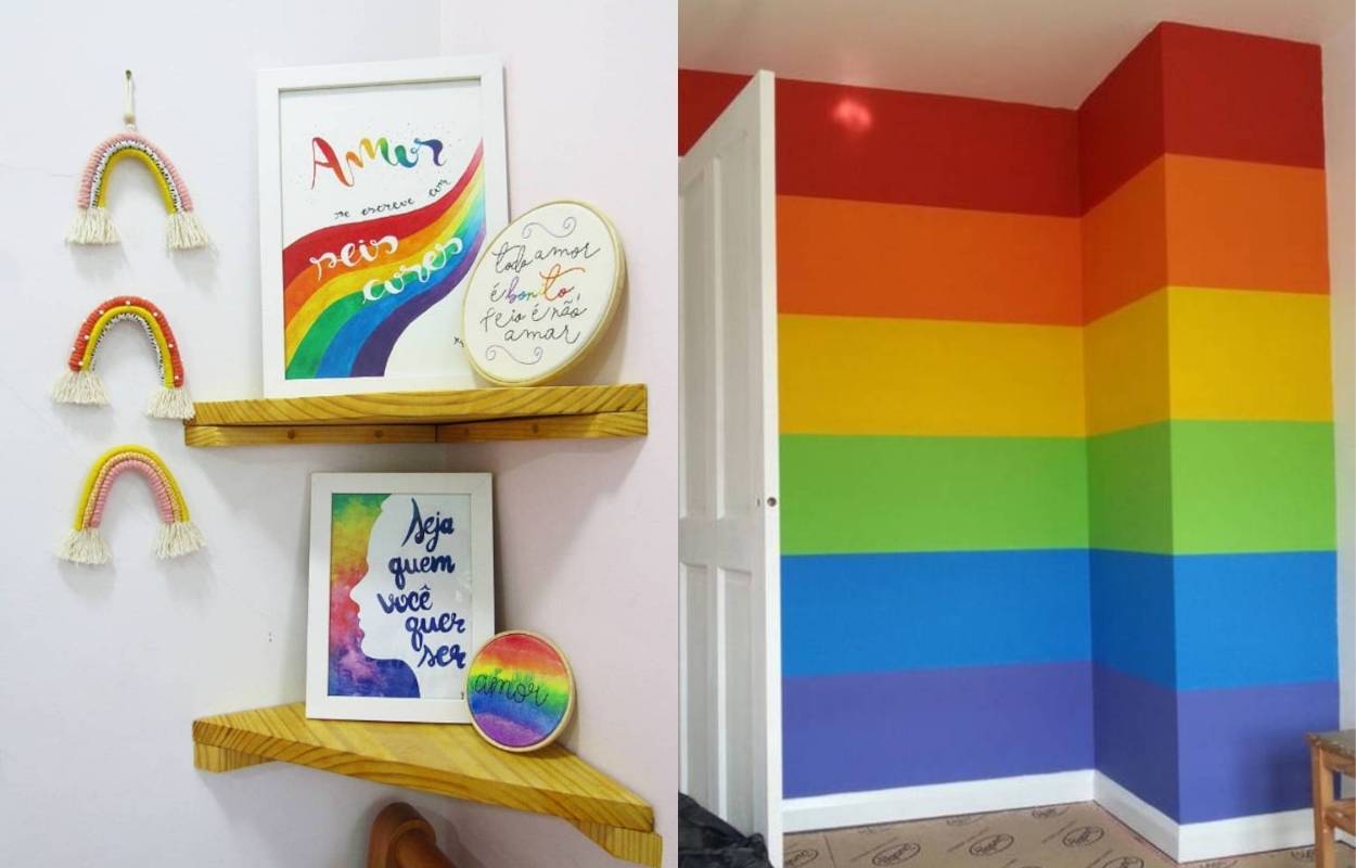 Montagem de foto de cantinho com decorações LGBT e parede nas cores da bandeira.