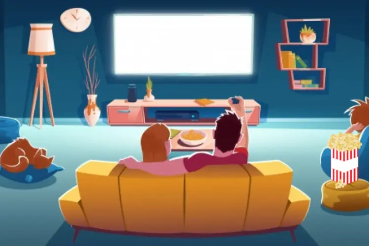 Desenho de família em sofá amarelo e poltrona azul vendo filme e comendo pipoca
