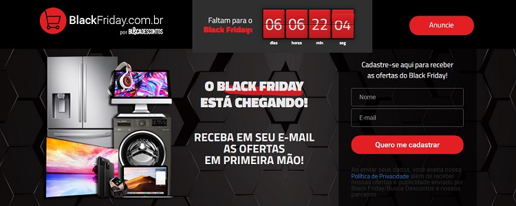 Página inicial do site BlackFriday.com.br em tons de preto e vermelho, com foto de geladeira, computador, televisão, lava e seca, notebook e mais 